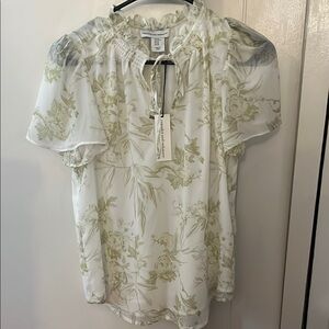 Cupcakes & Cashmere Cream and Green Ruffled Tie-Front Blouse